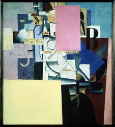 Dame au poste de poszter (Hölgy a poszternél). Kasimir Severinovich Malevics (Malevics, Malevic) (1878-1935) alkotása, olaj, vászon és kollázs