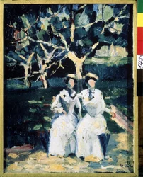 Két nő a kertben (Két nő a kertben). Kasimir Severinovich Malevics (Malevics, Malevic) (1878-1935) festménye, olaj, vászon, 1930 körül. Orosz művészet, XX. század, modern művészet. Állami Orosz Múzeum, Szentpétervár.
