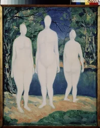 A fürdőzők. Három fehér, meztelen alak, egy folyó közelében, nyáron. Kasimir Severinovich Malevics (Malevich, Malevic) festménye (1878-1935), olaj, vászon