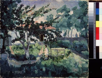 Nyári táj. Egy kis vidéki ház kertjének leírása nyáron, a nyári vakációt élvező gyerekkel. Kasimir Severinovich Malevics (Malevich, Malevic) festménye (1878-1935), olaj, vászon