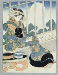 Japán hölgy olvas a Holdfénytől (fatömb nyomat)