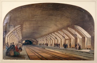 A Baker Street állomás belseje peronokkal és egy közeledő vonattal, London, 1865