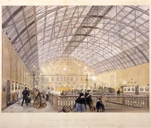Charing Cross pályaudvar belseje vonatokkal és a vastetővel, London, 1890