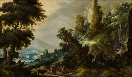 Hegyi táj vízeséssel, 1605-1609