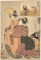Egy nő felöltöztet egy lányt a „Musume Dōjōji” kabuki tánchoz, egy majomidomár „testvérképével” (E-kyōdai)