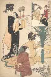 Egy nő és egy férfi virágokat rendez a Tsukimi Holdfesztiválra, 1802.