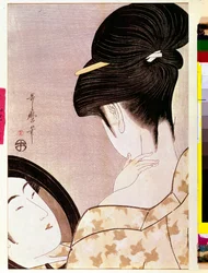 Egy nő a nyakát púderezi az árnyékban. Kitagawa Utamaro (1753-1806) japán metszete. 0,37 x 0,22 m. 1795-1796. Párizs, Musée Guimet, Ázsiai Művészetek Nemzeti Múzeuma