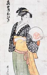 Ohisa a Takashima teaházból, kimonós nő legyezővel, ukiyo-e metszet, Kitagawa Utamaro (1753-1806), fametszet, japán civilizáció, Edo-korszak