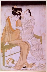 Egy padon egymást simogató japán pár ábrázolása. Utamaro Kitagawa (1753-1806) nyomatai. Homályos. 0,38x0,245 m. Párizs, Guimet Múzeum, Ázsiai Művészeti Múzeum
