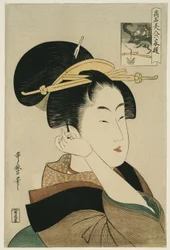 Tatsumi Roko, a „Hat halhatatlan költőhöz hasonlított híres szépségek” (Komei bijin rokkasen) sorozatból