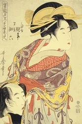 A szerelmesek: Miuraya Agemaki és Yorozuya Sukeroku (oban a Jitsu kurabe iro no minakami című képből) , 1798-1799 körül (színes fametszet)