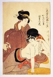 Magát mosó nő, 1803 körül, Kitagawa Utamaro (1753-1806) illusztrációja, Hana Awase Kesho Kurabe, Aiban-tate-e fametszet, japán civilizáció, Edo-korszak