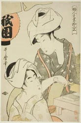 Gion babtúrót készítő nők, a „Tizenkét fajta női kézművesség (Fujin tewaza juni-ko)” sorozatból
