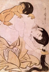 Yamauba és Kintoki Az anya megfésüli a haját, miközben a hátán hordja gyermekét. Japán nyomtatott Utamaro Kitagawa (1753-1806). 18. század. Párizs, Guimet Múzeum, Ázsiai Művészeti Múzeum