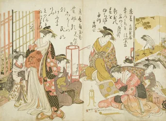 Komurasaki és Hanamurasaki a Kado Tamaya Házból, a Kalligráfia mintáiból, 1783-84 (fatömbnyomat)