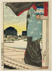 A Matsuchi-hegy távoli képe a Sumida folyó felől (Sumidagawa yori Matsuchiyama enkei) a „Musasi tartomány száz képe (Musashi hyakkei no uchi)” sorozatból.