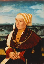 Dorothea von Stralenburg portréja, 26 évesen, háromnegyed alakban, vörös és fekete, aranydíszes ruhában, kiterjedt táj előtt, 1533