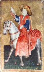 Egy lovas solymász, az udvari sólyomkodás jeleneteit ábrázoló játékkártyakészlet egyike, Upper Rhein Area, 1440-45 körül (toll és tinta, wc) (lásd még: 87698 és 88300-03)