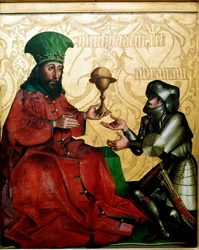 Ábrahám és Melkizedek Szálem királya Melkizedek (Melkizedek vagy Melkizedek vagy Melkisedek vagy Melki-Tsedeq vagy Melki Tsedeq) kenyeret és bort kínál a Kedor-Laomer (Kedor Laomer) elleni harcban győztes Ábrahámnak. Konrad (Conrad) Witz festménye (