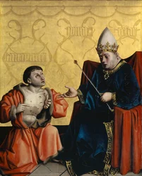 Antipater térdeplő Julius Caesar előtt a Hohlspiegel oltárképről, 1435 körül (vegyes technika tölgyfa táblán)
