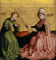 Eszter Ahasvérus előtt a Heilspiegel-oltárról, 1435 körül (vegyes technika tölgyfatáblán)