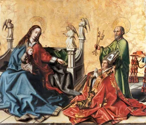 Mies bíborosának bemutatása a Szűznek. Konrad Witz festménye, 1444 körül