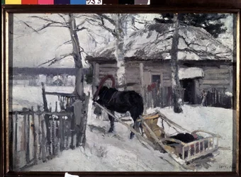 Tél (Winter). Egy faház udvarán lovas kocsi, vidéken, hó alatt. Konsztantyin Alekszejevics Korovin (Konsztantin Korovin) festménye (1861-1939), olaj, vászon