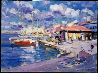 Fishing Bay Szevasztopolban (Ukrajna) (Fishing Bay, Sevastopol). Kilátás a rakpartra, ahol a csónakok, sétálók és épületek a nap alatt vannak kikötve. Konsztantyin Alekszejevics Korovin (Konsztantin Korovin) festménye (1861-1939), olaj, vászon