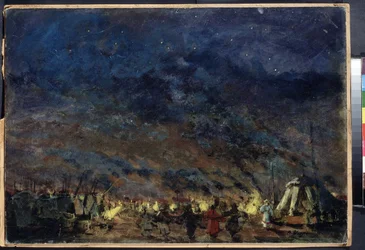 A polovci tábor, Alekszandr Borogyin Igor herceg színpadtervezése - (A polovci tábor - Alekszandr Borogyin Igor herceg színpadtervezése) - Csillagos ég alatt a tábor sátrai keretezik a fényeket,