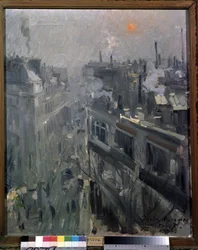 Párizs (Franciaország) (Párizs). Kilátás a Montmartre körút homlokzataira, egy őszi reggel. Konsztantyin Alekszejevics Korovin (Konsztantin Korovin) festménye (1861-1939), olaj, vászon