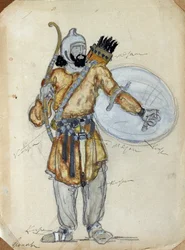 Jelmeztervezés Alekszandr Borogyin Igor herceg című operájához (1833-1887) (A. Borodin Igor herceg című operájának jelmezterve). Konsztantyin Alekszejevics Korovin (Konsztantin Korovin) (1861-1939) munkája, akvarell és gouache papíron