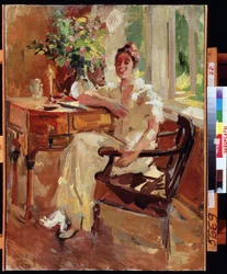 A Woman in an Armchair (A Lady in an Armchair). Egy vidám fiatal nő portréja, íróasztalára támaszkodva egy csokor virággal. Konsztantyin Alekszejevics Korovin (Konsztantin Korovin) festménye (1861-1939), olaj, vászon