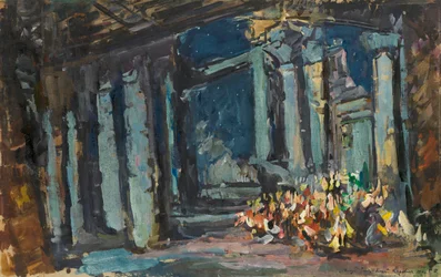 Kleopátra palota, egyiptomi terem. Színpadterv Rimszkij-Korszakov Mlada című opera-balettjéhez, 1916.
