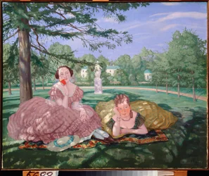 Két hölgy a parkban – Konsztantyin (Konstantin) Andrejevics Somov (1869-1939) festménye, olaj, vászon