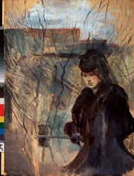 Tavasz. Feketébe öltözött nő melankolikus arckifejezéssel és lesütött tekintettel, keskeny korlátnak támaszkodva. Konstantin Andreyevich Somov (1869-1939) műve