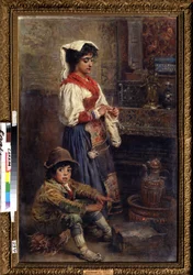 A modellek a művészre várnak. Konsztantyin Jegorovics Makovszkij (Konsztantin Makovszkij) (1839-1915) festménye, olaj, vászon
