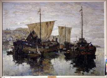 "" Csónakok. Konsztantyin (Konstantin) Gorbatov (1876-1945) "Nagy Novgorod" festménye 1912 Regionális Művészeti Galéria, Volgograd