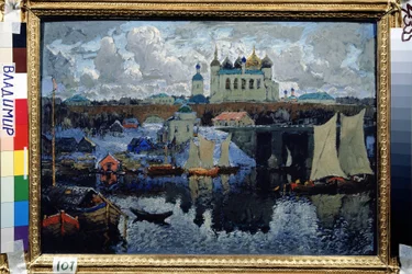 A híd Novgorodban (Oroszország) (Novgorod, Pier). Konstantin (Konstantin) Ivanovics Gorbatov (1876-1945) festménye, olaj, vászon