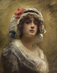 Konstantin Makovsky Egy fiatal lány portréja fehér ruhás főkötővel