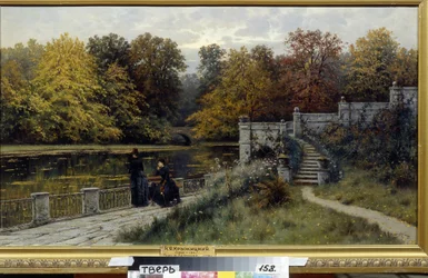 Lazienki Park (Varsó, Lengyelország). Konsztantyin Jakovlevics Krizsickij (1858-1911) festménye, olaj, vászon