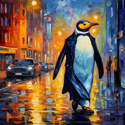 Ein Pinguin im Anzug laeuft die Straße entlang 4