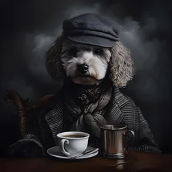 Ein kultivierter Pudel trinkt eine Tasse Tee, traegt einen Rollkragen und eine flache Muetze, rauchigen Hintergrund 2