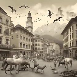 Innsbruck egy régi fényképen elegáns zebrákkal, sirályokkal, majmokkal és agyagfigurákkal. 1
