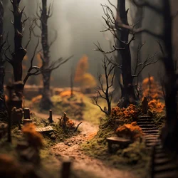 Miniatűr billenős halloween-erdő ködös fákkal és kísérteties hangulattal 3