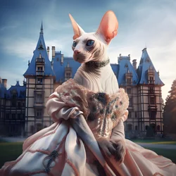 Sphynx-Katze im Ballkleid vor dem Hintergrund eines praechtigen Palastes im mittelalterlichen Stil 3