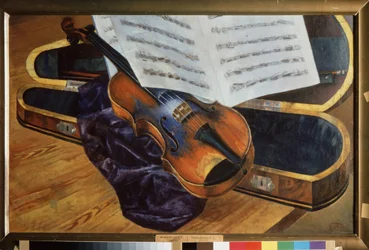 Hegedű tokban (Violin in a Case). Kuzma Szergejevics Petrov Vodkin (Petrov-Vodkin) festménye (Kouzma Petrov Vodkin) (Petrov-Vodkin) (1878-1939), olaj, vászon