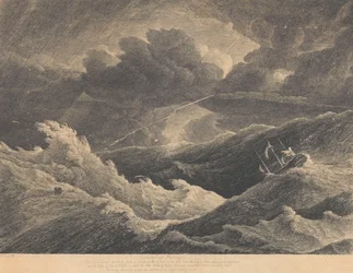 Egy 1804-ben, a Madagaszkár és a Jóreménység-fok közötti viharban készült vázlatról, amelyben a "Prince of Wales" indián hajó teljesen elveszett, 1804 körül (metszet).