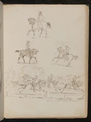 Tanulmányok lóháton ülő katonákról, a csoportos jeleneten „Charge of Garibaldian Cavalry” felirat szerepel (toll és tinta)