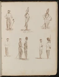 Nyolc tanulmány egyenruhás, álló katonákról, „Life Guards” felirattal