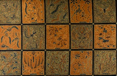 Batik hagyományos kockás mintával, Surakarta, Java, Indonézia, részletek